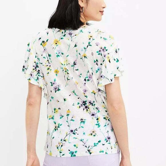 LOFT Floral Linen Flutter Wedge Tee Womens Medium White Multicolor Casual Top - Picture 6 of 10